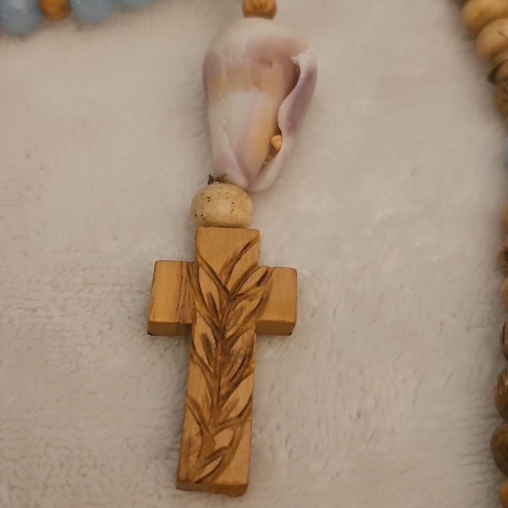 HANDMADE Jasper and Blue Quartz Beaded Shell Olive Wood Cross Prayer Rope - Picture 10 of 12